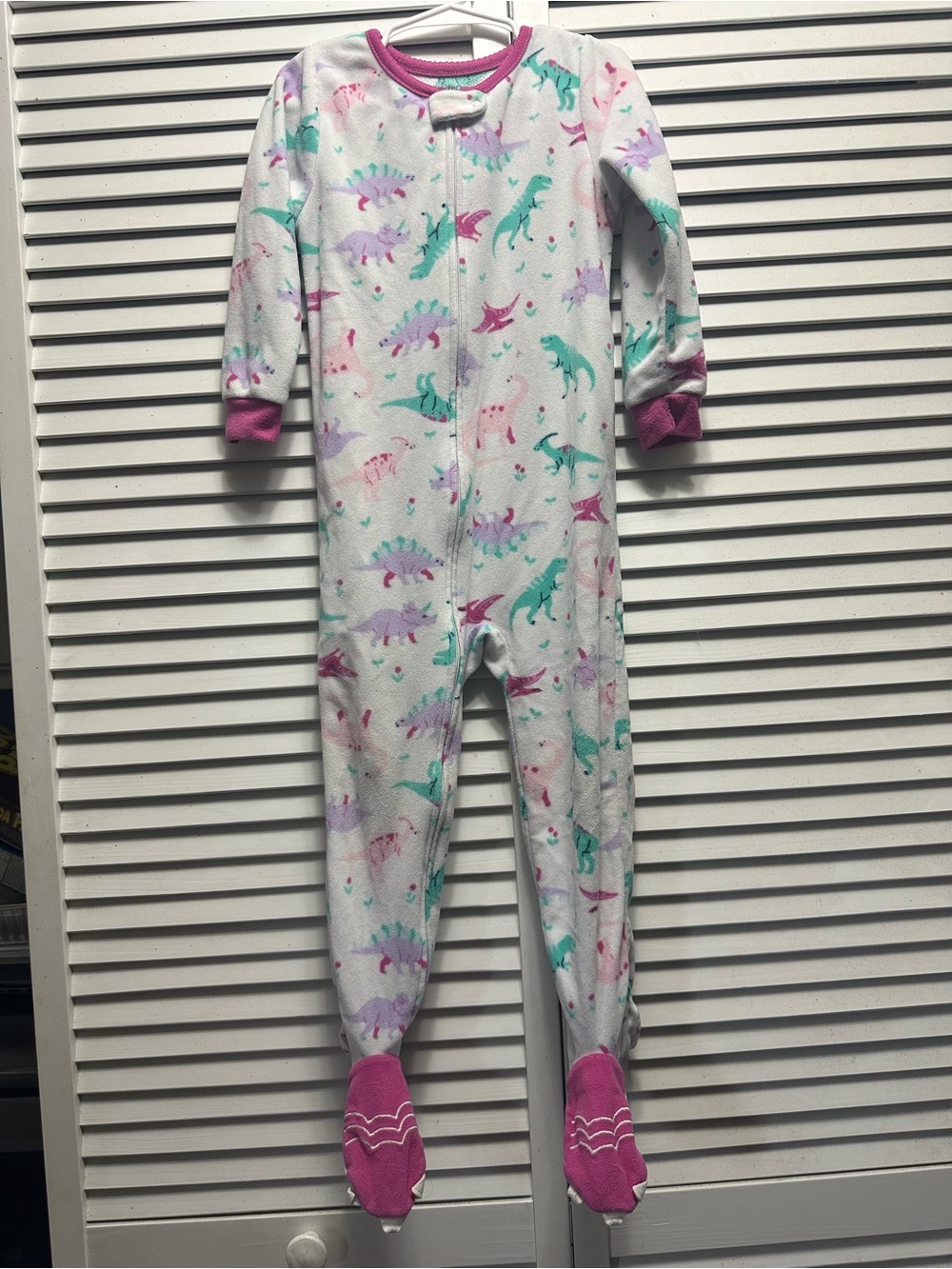 Carter's White Dinosaur Footed Pajamas with Pink Trim